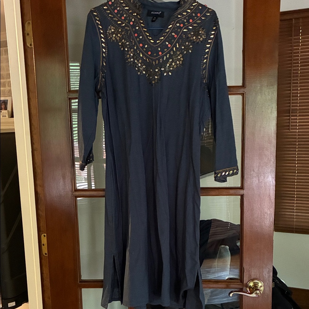 Ashro Navy Embroidered Long Sleeve Women’s Dress